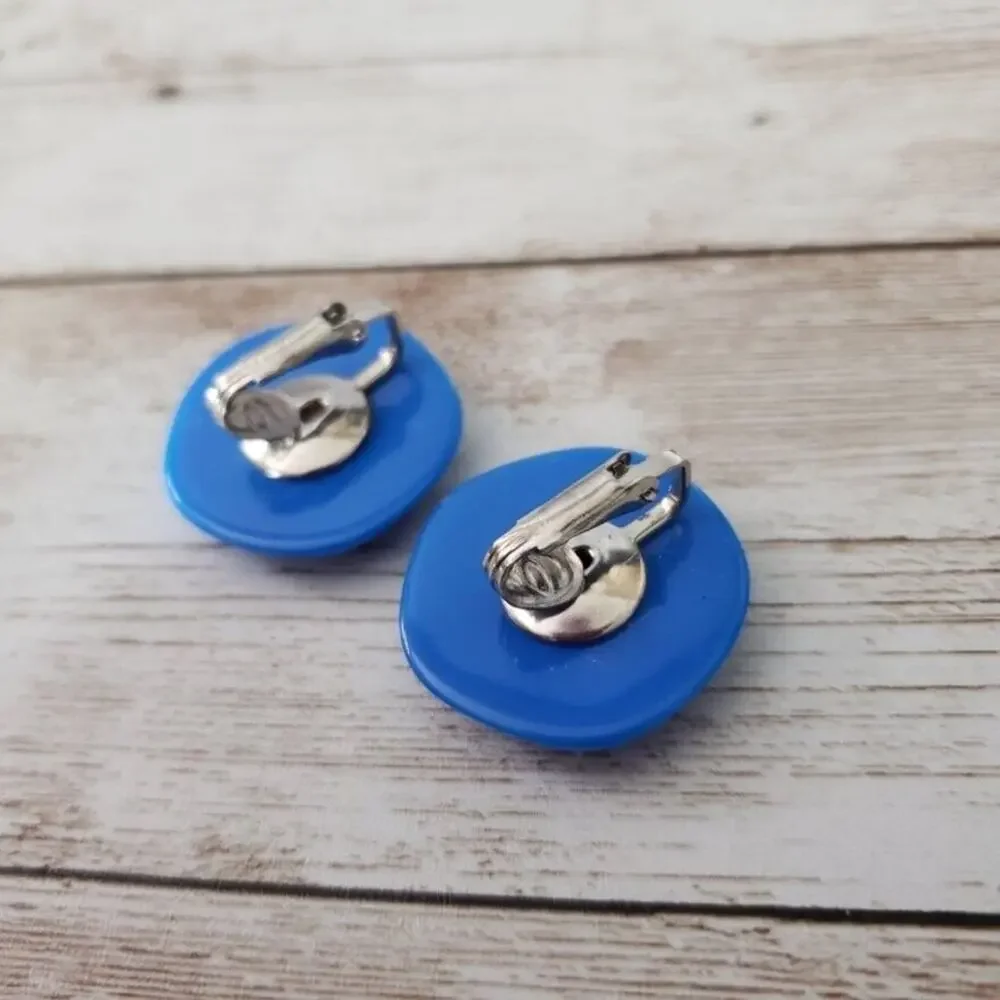 Vintage Clip On Earrings - Blue Domed Circle with Pushed In Sides